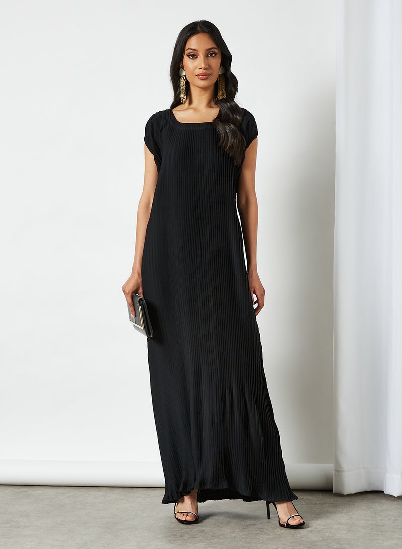 NUKHBAA - Stylish Scoop Neck Short Sleeve Maxi Dress Black - Image 1