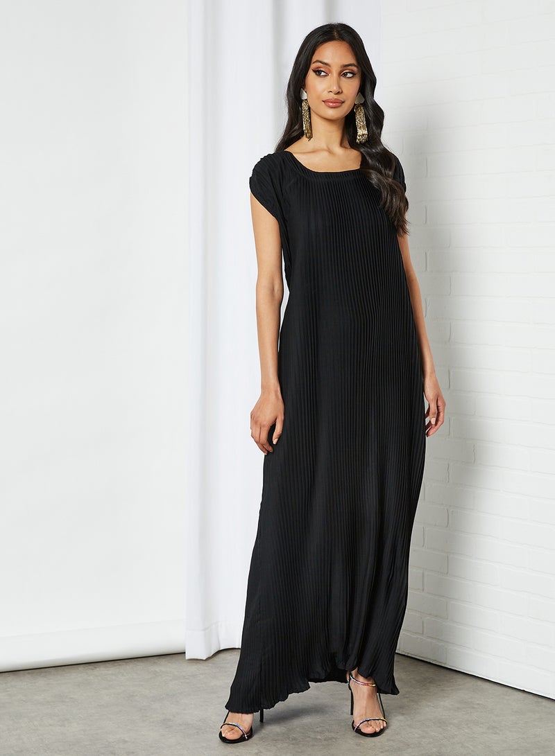 NUKHBAA - Stylish Scoop Neck Short Sleeve Maxi Dress Black - Image 1