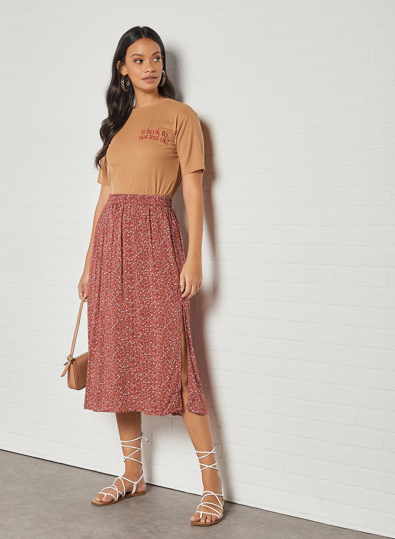 trendyol - Ribbed Slogan T-Shirt Mustard - Image 1