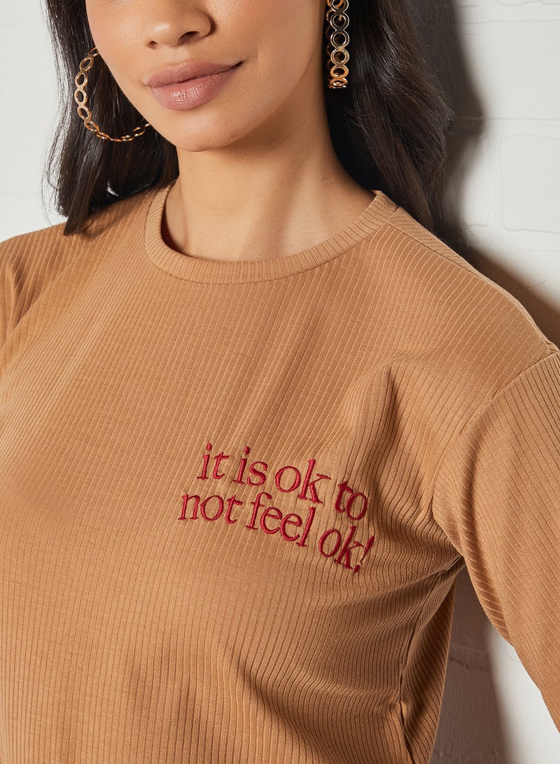 trendyol - Ribbed Slogan T-Shirt Mustard - Image 1