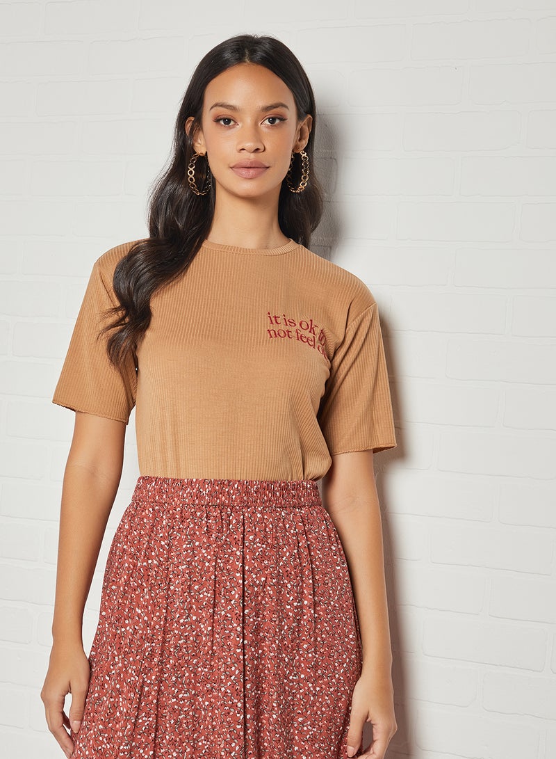 trendyol - Ribbed Slogan T-Shirt Mustard - Image 1