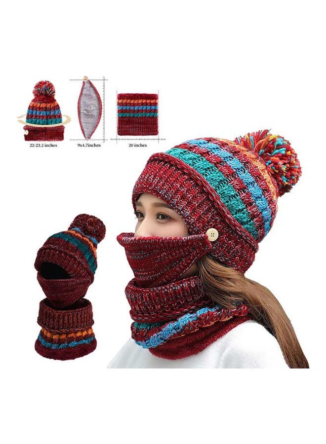 Pompom Knitted Beanie Scarf Mask Red/Green