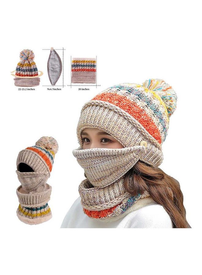 Pompom Knitted Beanie Scarf Mask Beige/Orange/Green
