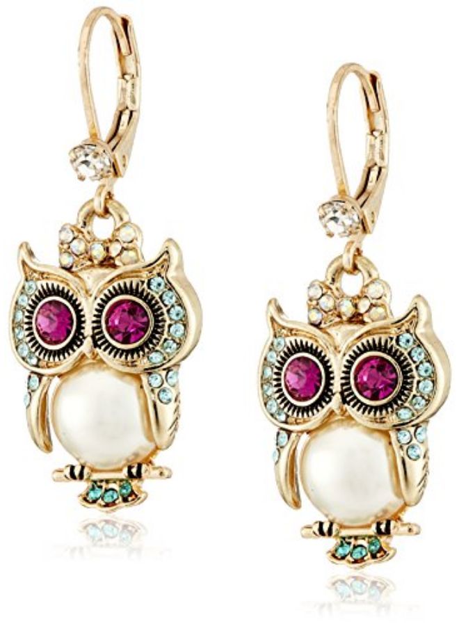 Betsey Johnson Pearl Critters Owl Dangle Earrings  - Image 1
