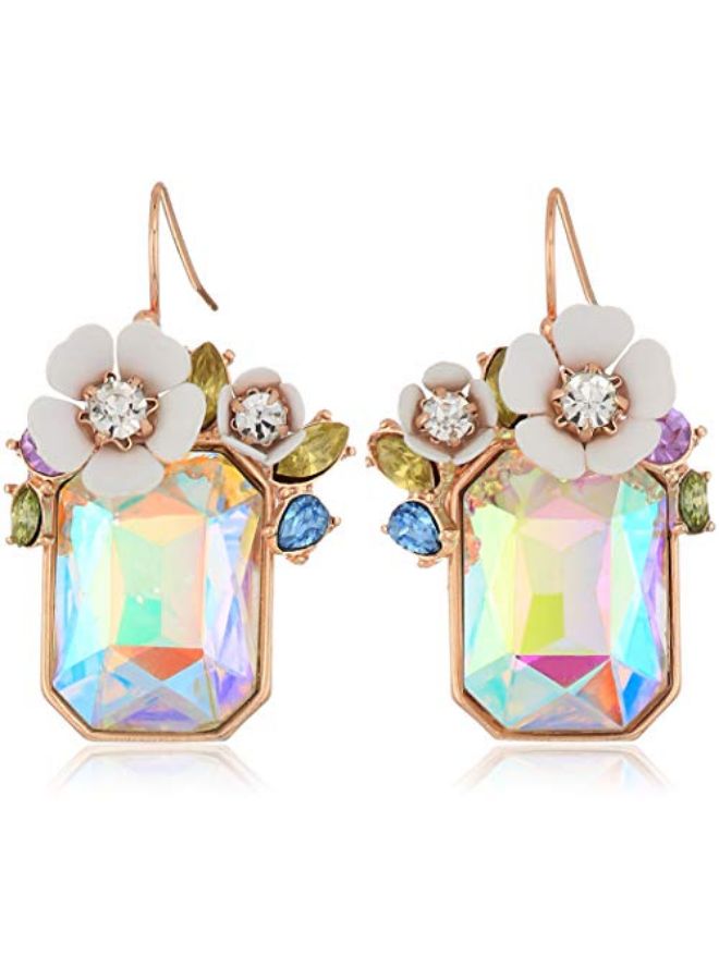 Betsey Johnson Flower Rectangle Stone Drop Earrings  - Image 1