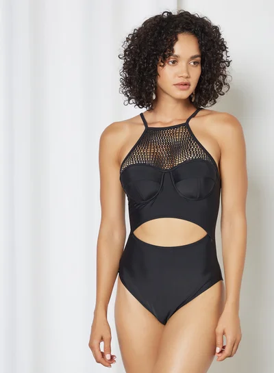 trendyol Mesh Panel Open Front Swimsuit Black