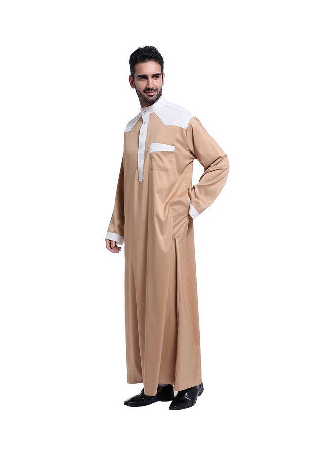 Stand Collar Long Sleeve Casual Kaftan Brown/White  - Image 3