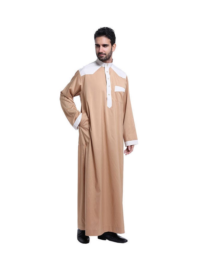 Stand Collar Long Sleeve Casual Kaftan Brown/White  - Image 4