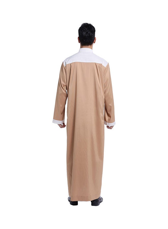 Stand Collar Long Sleeve Casual Kaftan Brown/White  - Image 2