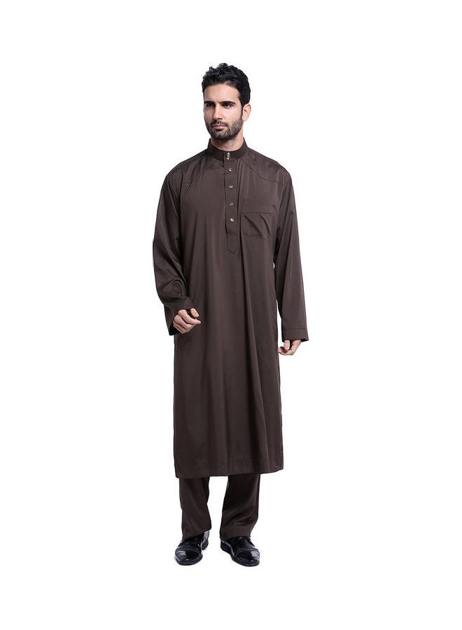 Stand Collar Long Sleeve Casual Kaftan Brown  - Image 1