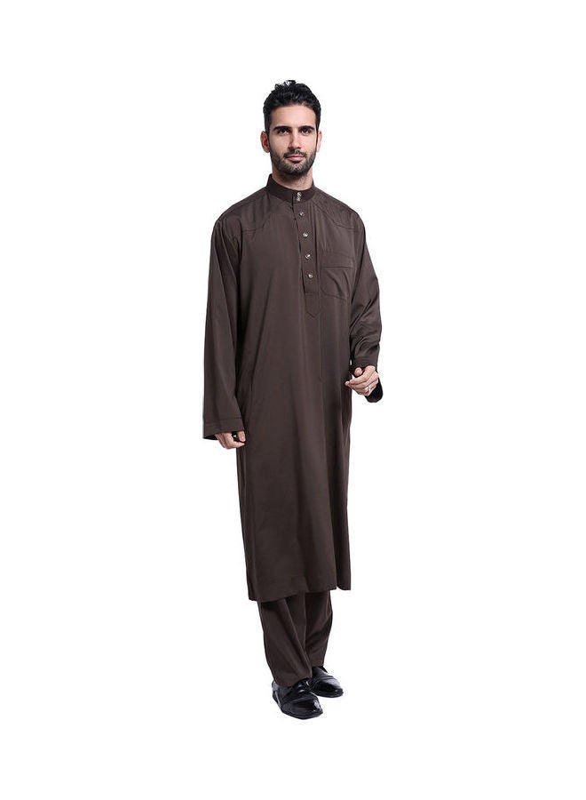 Stand Collar Long Sleeve Casual Kaftan Brown  - Image 2
