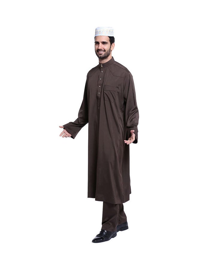 Stand Collar Long Sleeve Casual Kaftan Brown  - Image 3