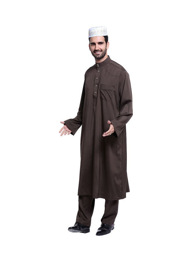 Stand Collar Long Sleeve Casual Kaftan Brown  - Image 4