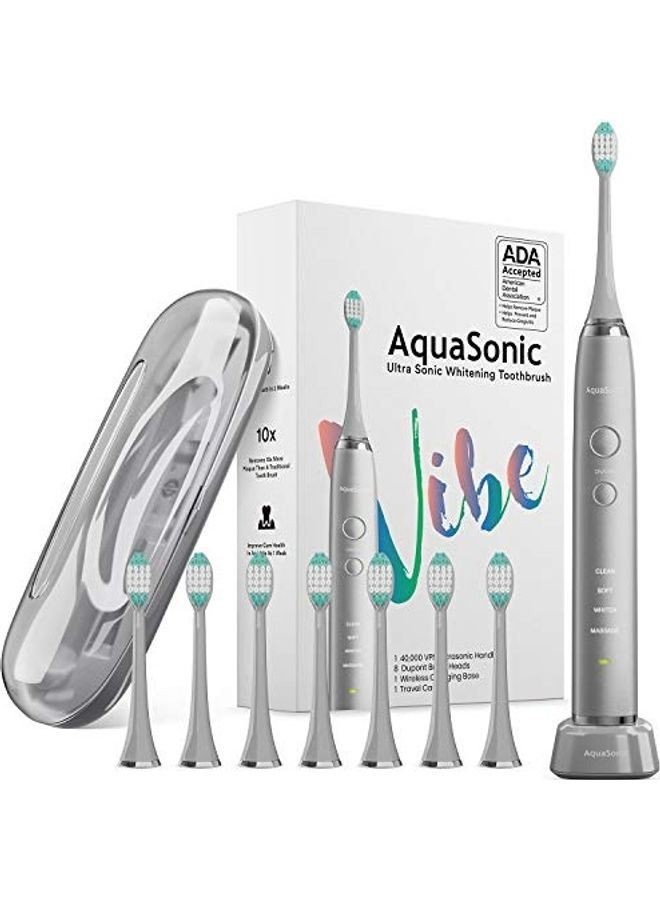 Aquasonic Ultra Sonic Whitening Toothbrush Set with 8 Brush Heads and Case Grey - Image 1
