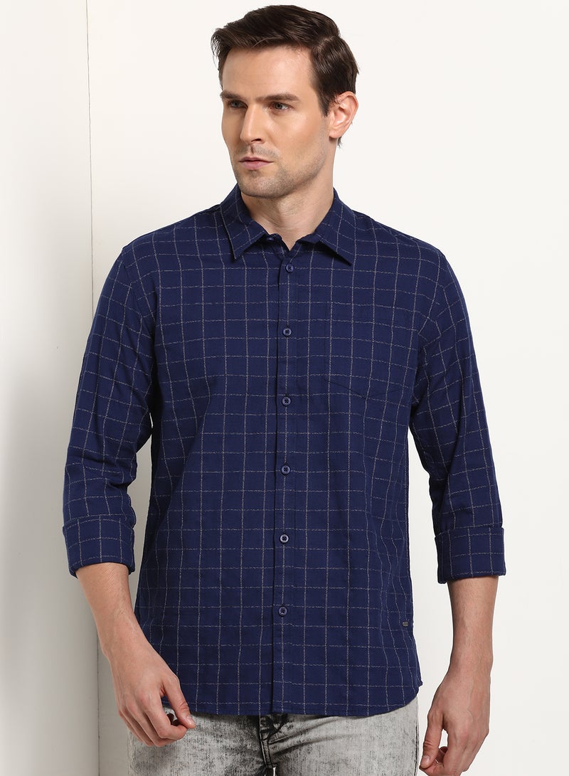 ABOF Pocket Detail Checked Pattern Regular Fit Shirt Navy Blue - Image 1