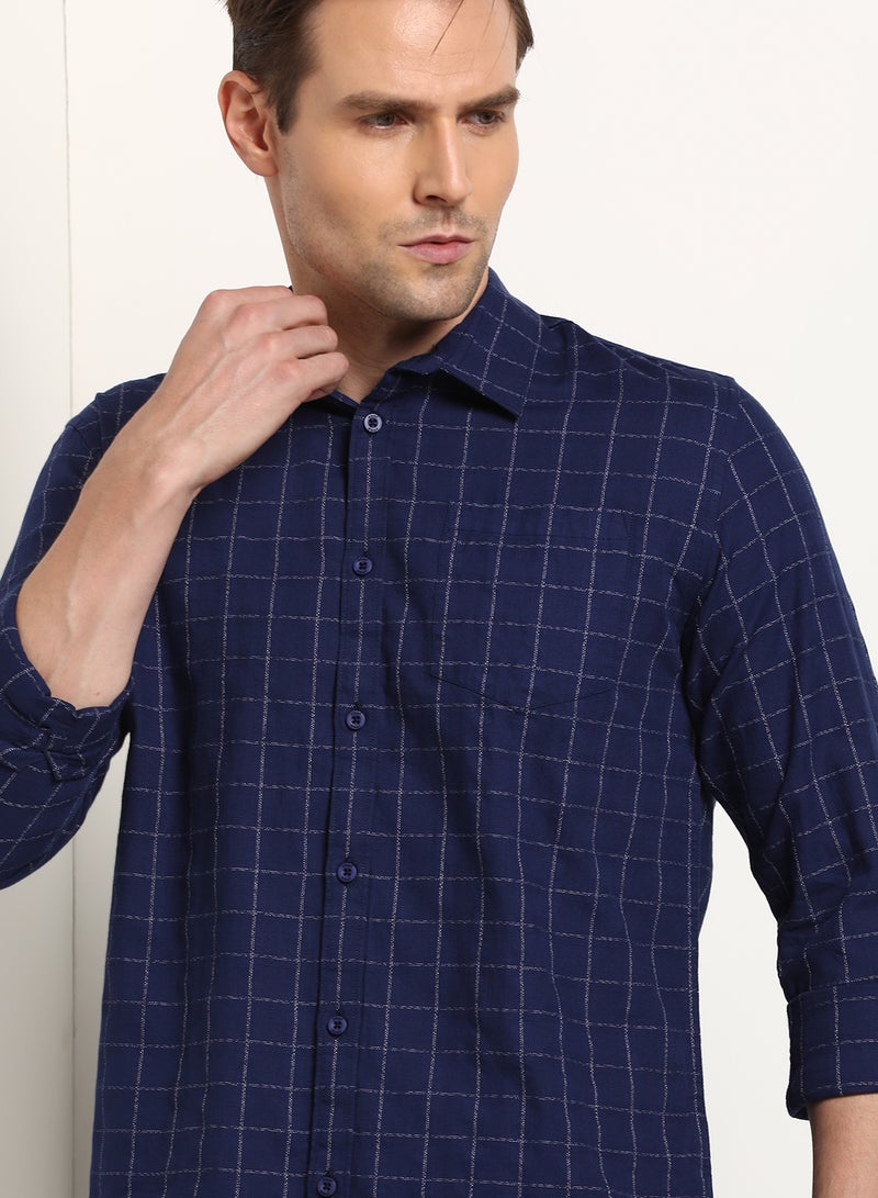 ABOF Pocket Detail Checked Pattern Regular Fit Shirt Navy Blue - Image 4