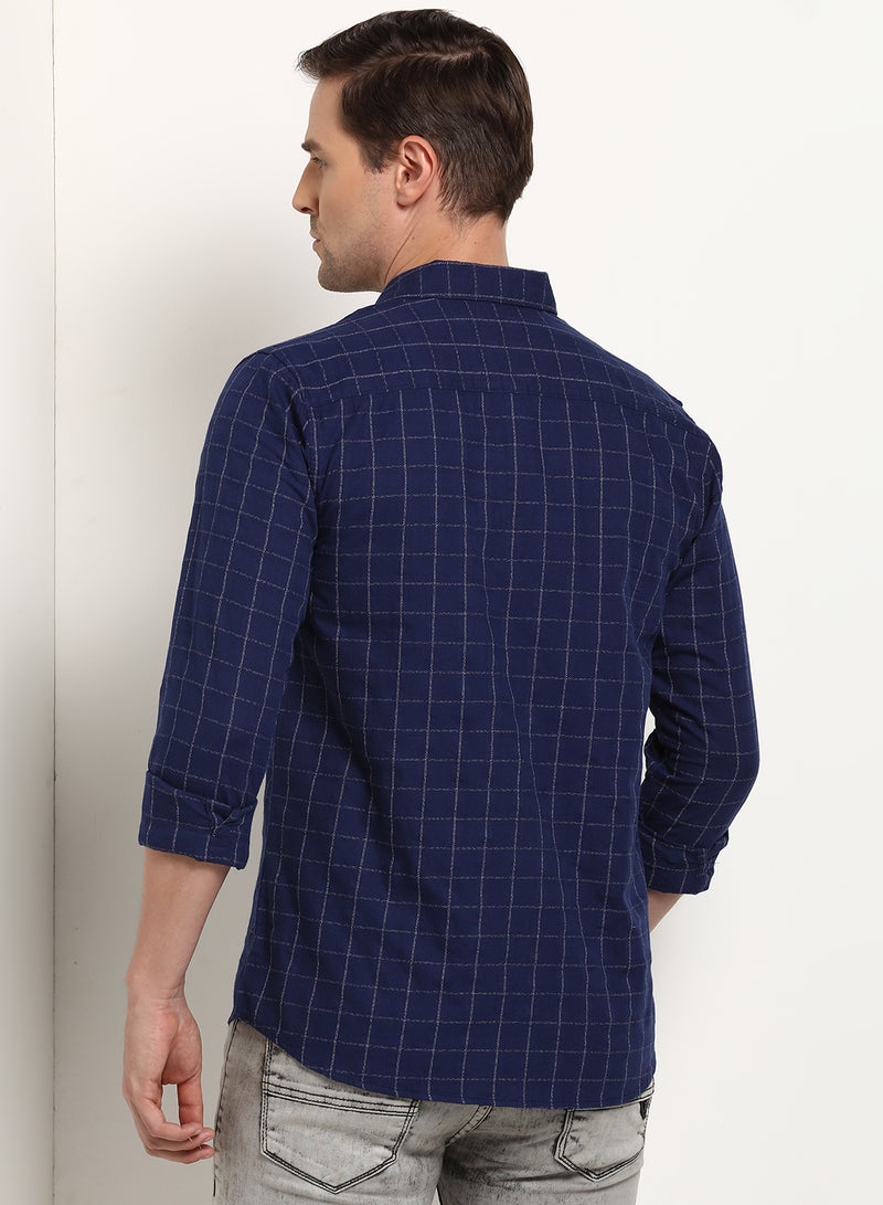 ABOF Pocket Detail Checked Pattern Regular Fit Shirt Navy Blue - Image 2