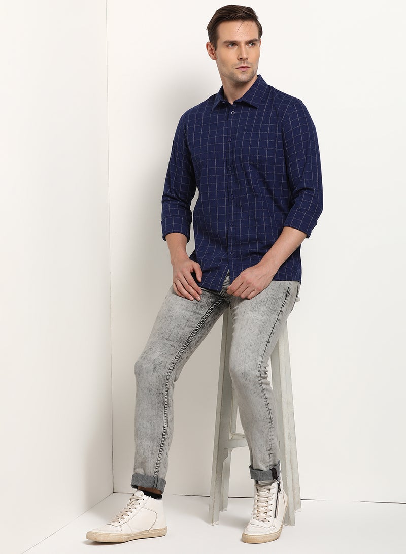 ABOF Pocket Detail Checked Pattern Regular Fit Shirt Navy Blue - Image 3