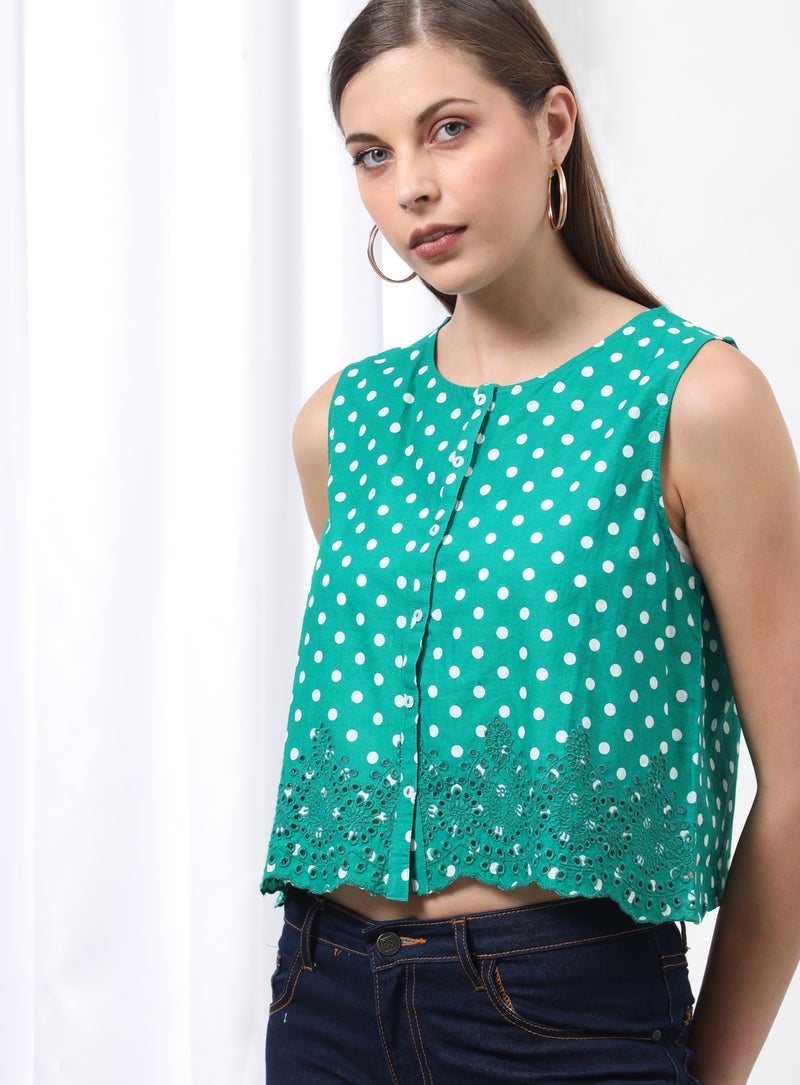 Aila Dotted Round Neck Blouse Top Green Dot Print  - Image 1
