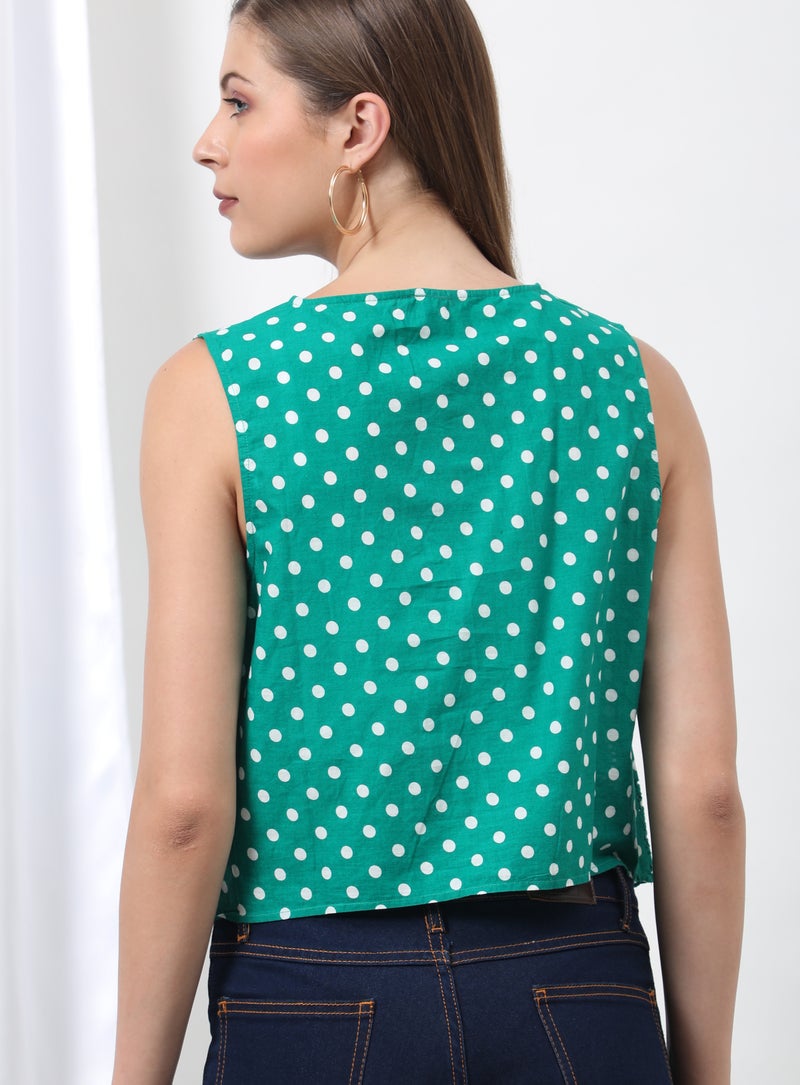Aila Dotted Round Neck Blouse Top Green Dot Print  - Image 2