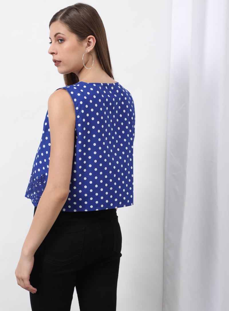 Aila Dotted Round Neck Blouse Top Blue Dot Print  - Image 2