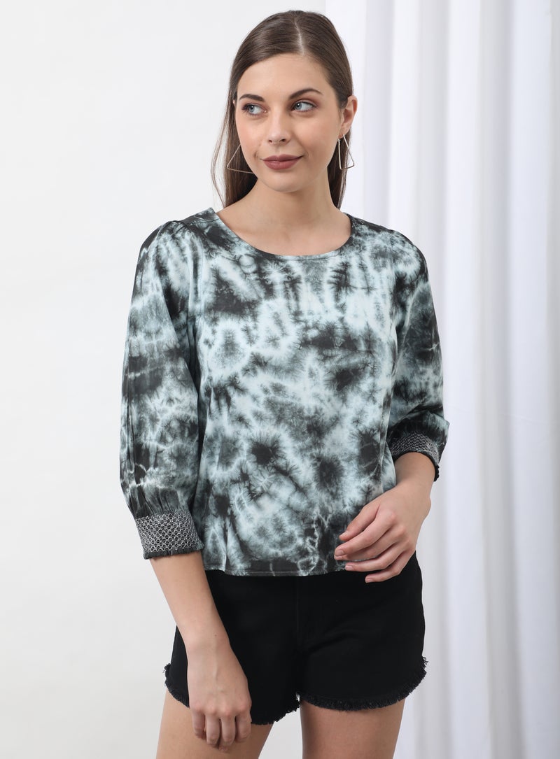 Aila Distressed Round Neck Blouse Top Green Tie-Dye - Image 1