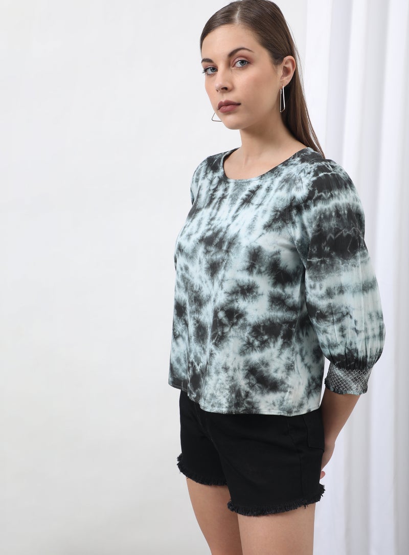 Aila Distressed Round Neck Blouse Top Green Tie-Dye - Image 2