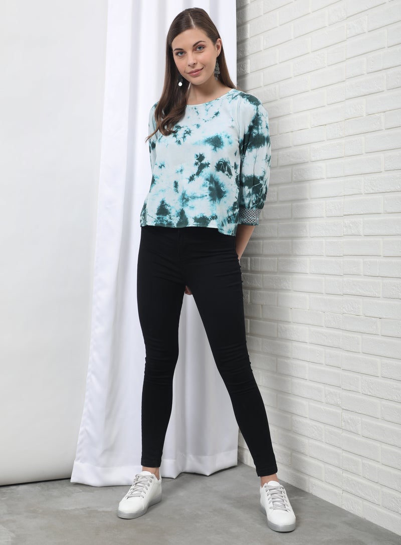 Aila Distressed Round Neck Blouse Top Green Tie-Dye - Image 4