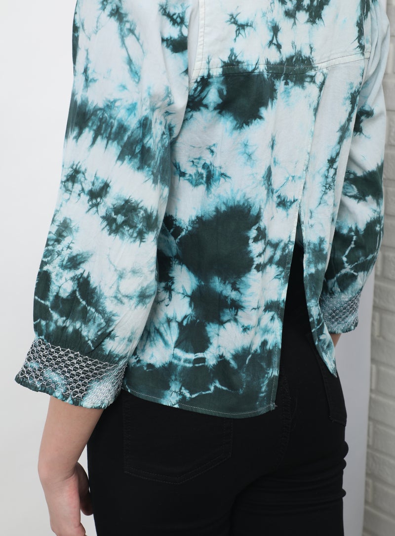 Aila Distressed Round Neck Blouse Top Green Tie-Dye - Image 3