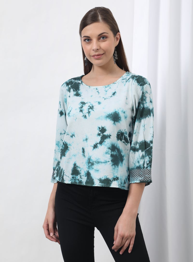 Aila Distressed Round Neck Blouse Top Green Tie-Dye - Image 1