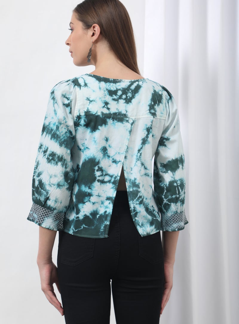 Aila Distressed Round Neck Blouse Top Green Tie-Dye - Image 2