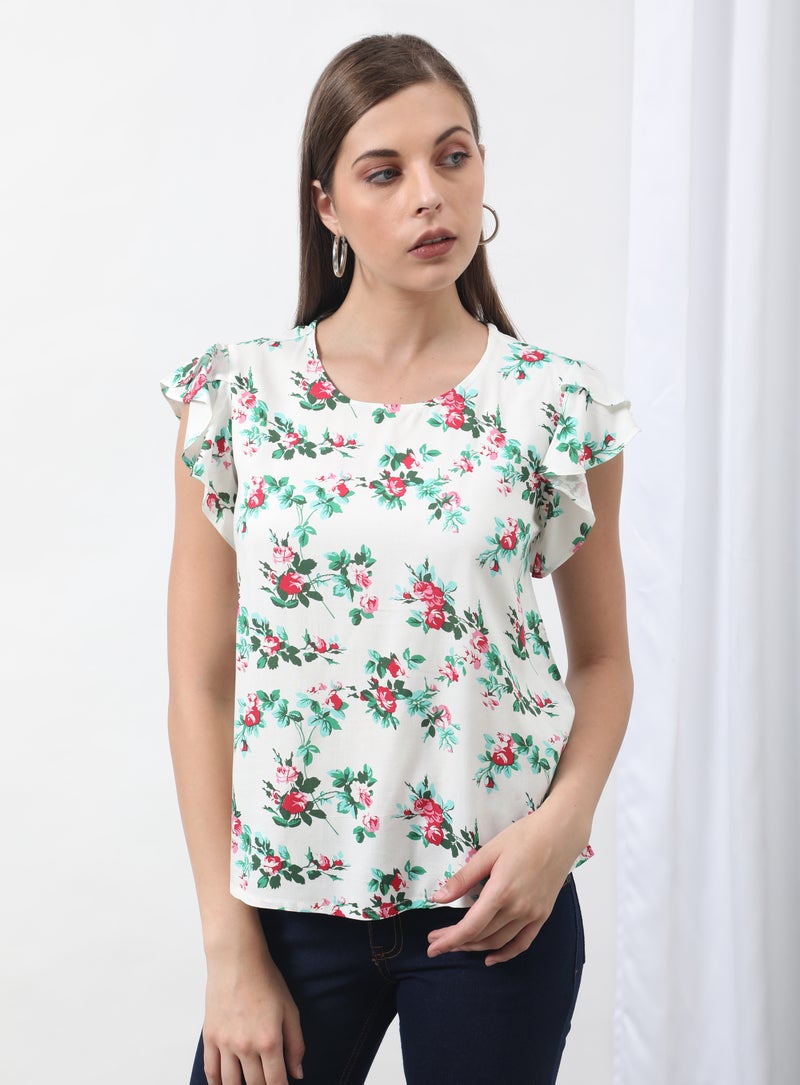 Aila Floral Printed Blouse Top White Aop  - Image 1