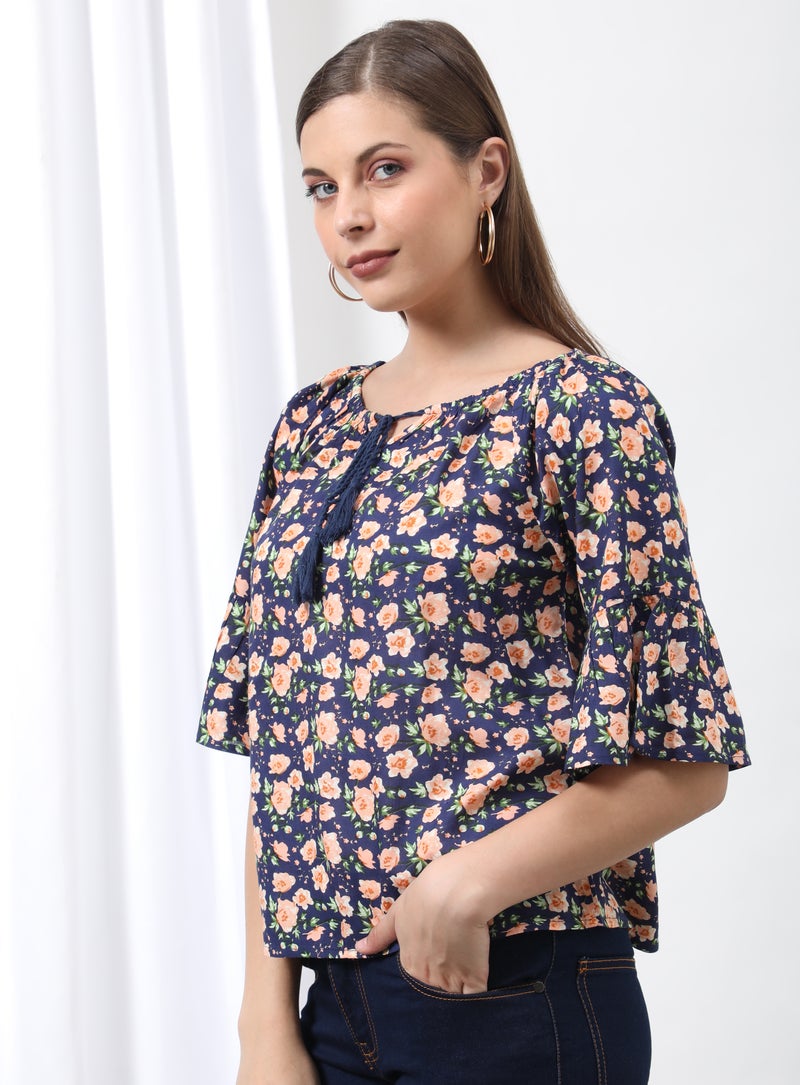 Aila Floral Flared Sleeves Woven Blouse Top Blue Aop  - Image 1