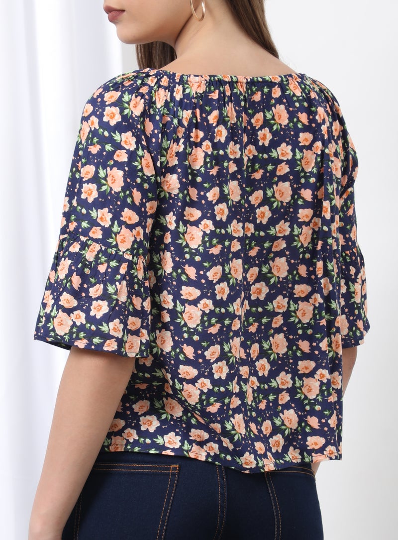 Aila Floral Flared Sleeves Woven Blouse Top Blue Aop  - Image 2