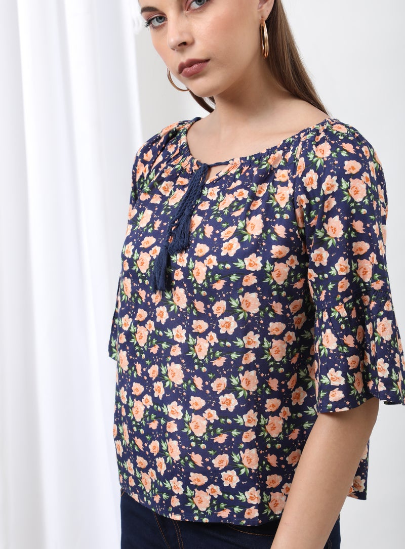 Aila Floral Flared Sleeves Woven Blouse Top Blue Aop  - Image 3