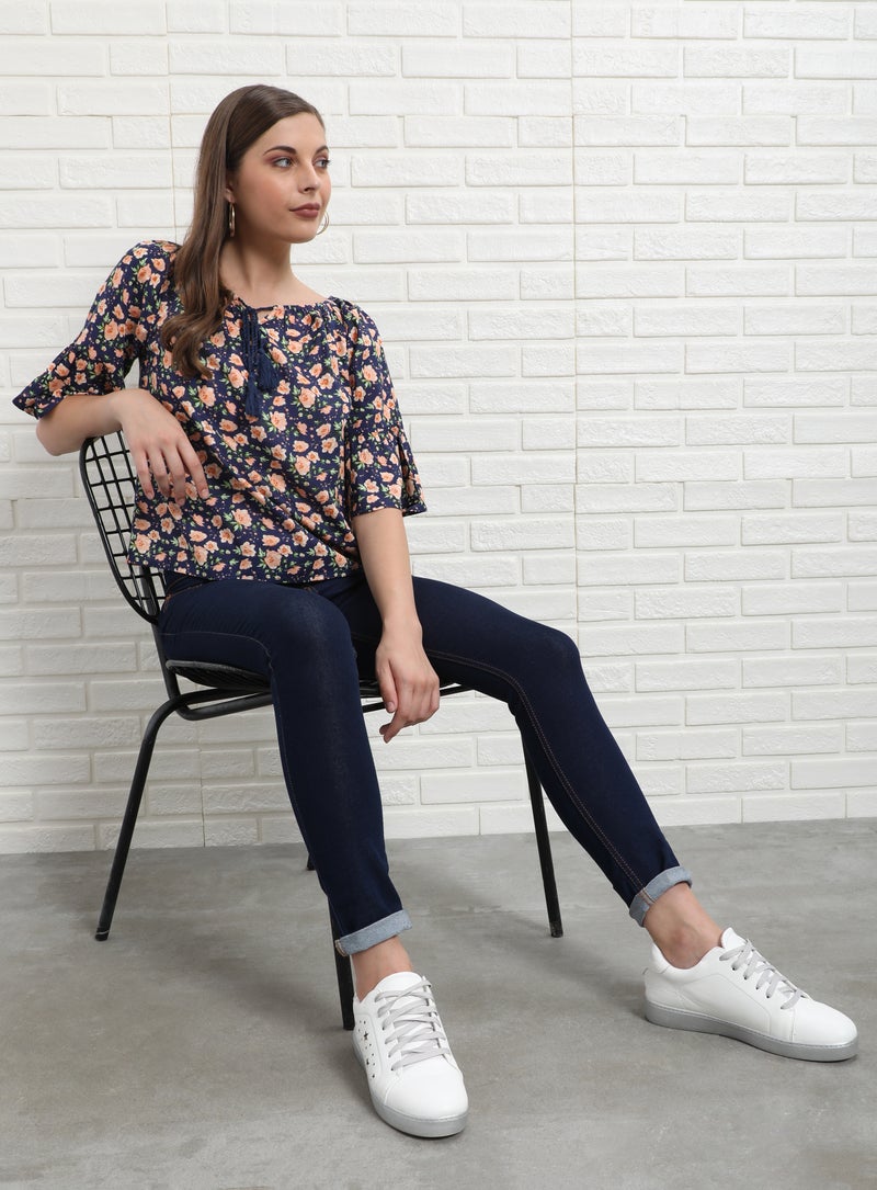 Aila Floral Flared Sleeves Woven Blouse Top Blue Aop  - Image 4