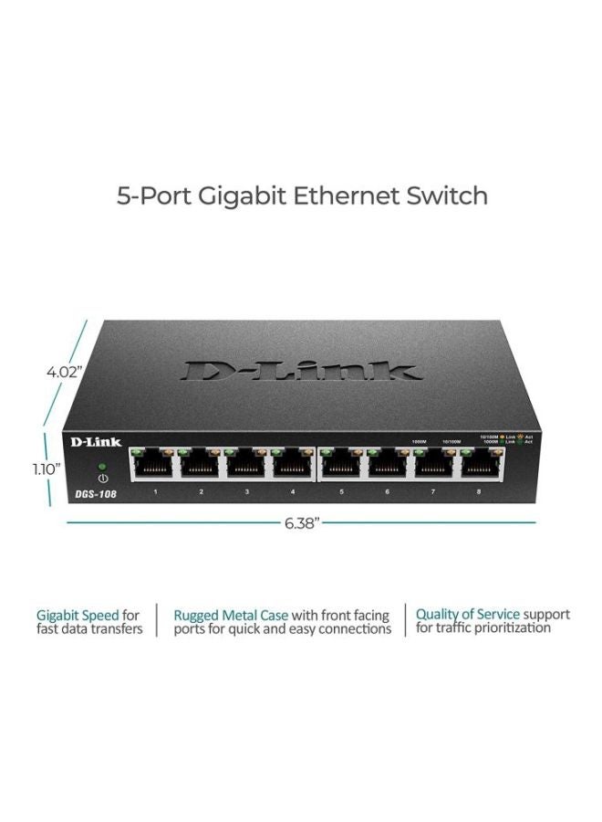 D-Link - 8 Port Gigabit Unmanaged Metal Desktop Switch | DGS-108 Black - Image 1