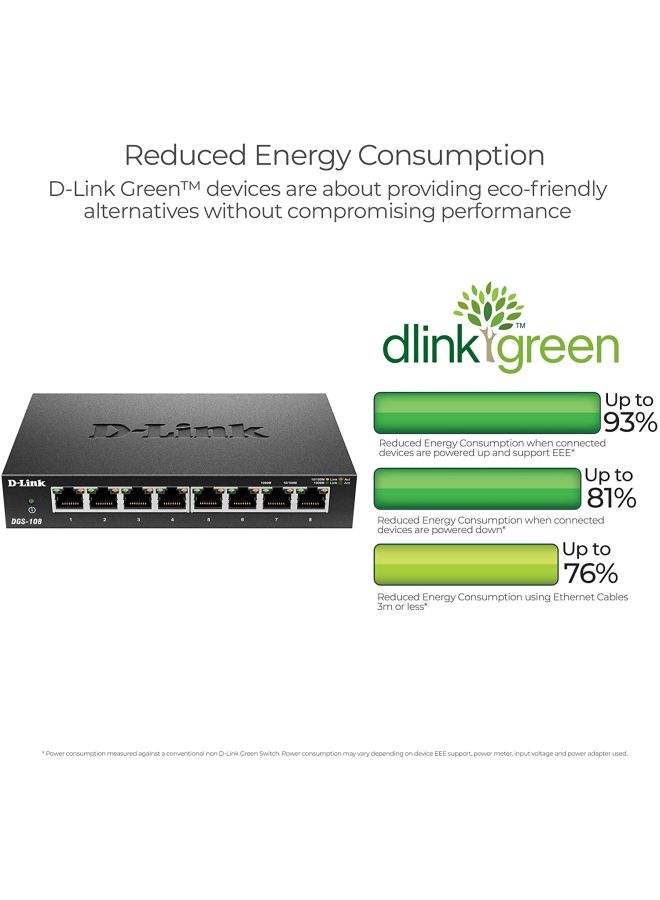 D-Link - 8 Port Gigabit Unmanaged Metal Desktop Switch | DGS-108 Black - Image 1