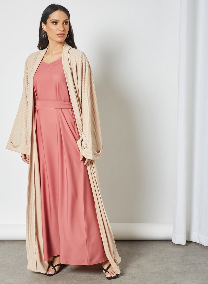 NUKHBAA - Stylish Belted Maxi Dress Pink - Image 1