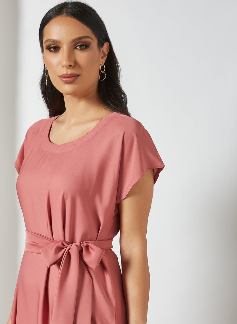 NUKHBAA - Stylish Belted Maxi Dress Pink - Image 1