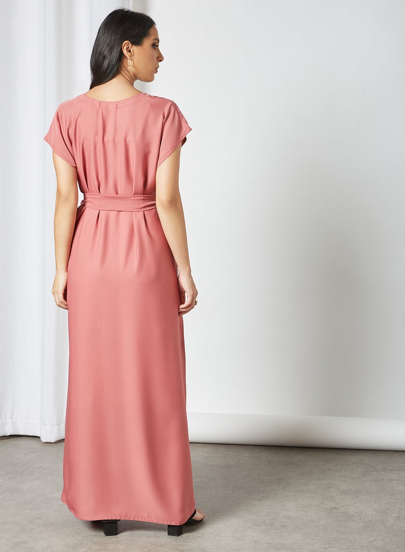 NUKHBAA - Stylish Belted Maxi Dress Pink - Image 1