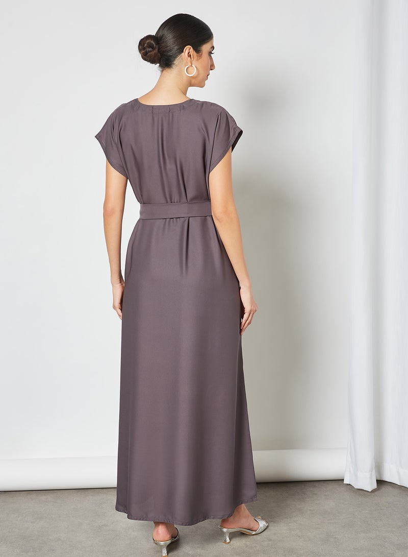 NUKHBAA - Stylish Belted Maxi Dress Grey - Image 1