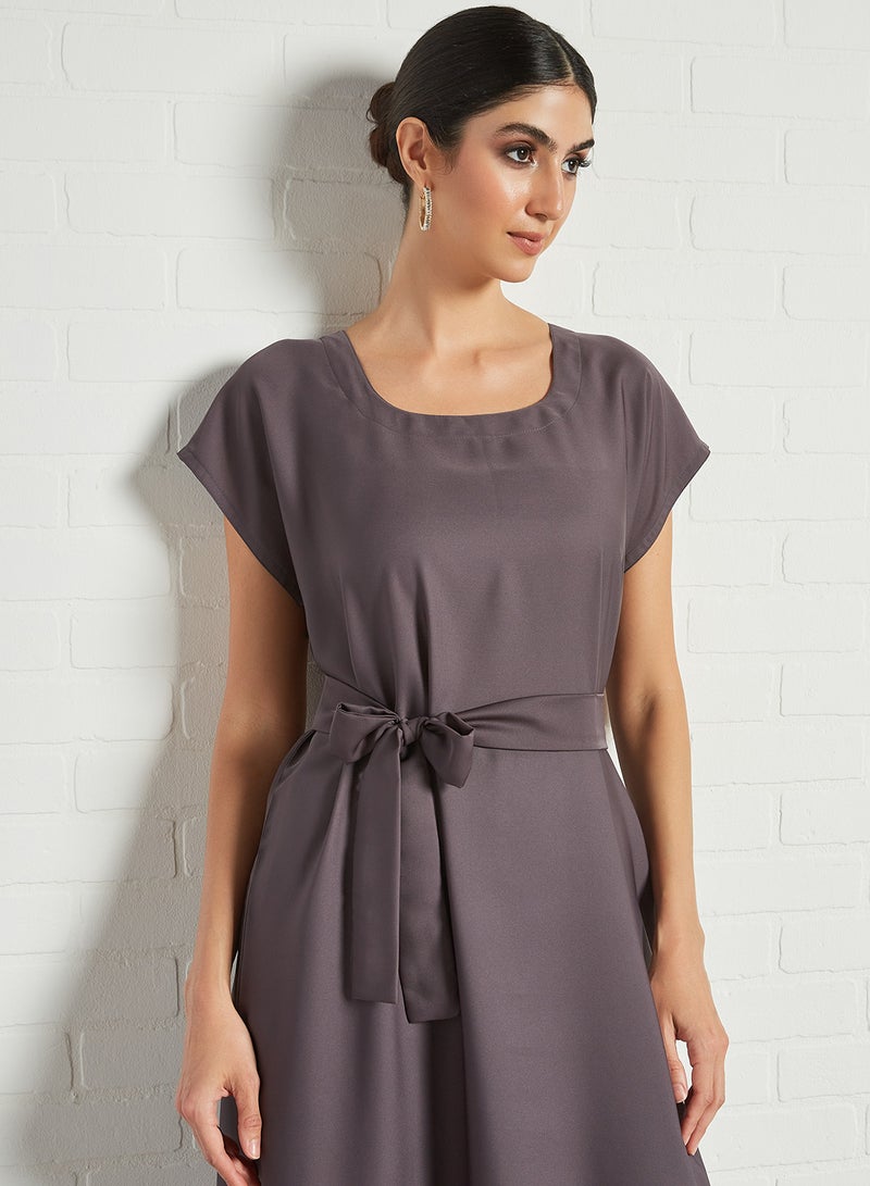 NUKHBAA - Stylish Belted Maxi Dress Grey - Image 1