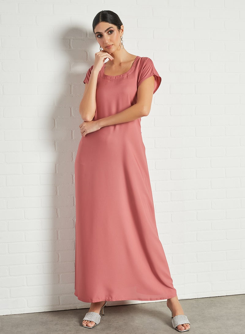 NUKHBAA - Stylish Scoop Neck Short Sleeve Maxi Dress Pink - Image 1