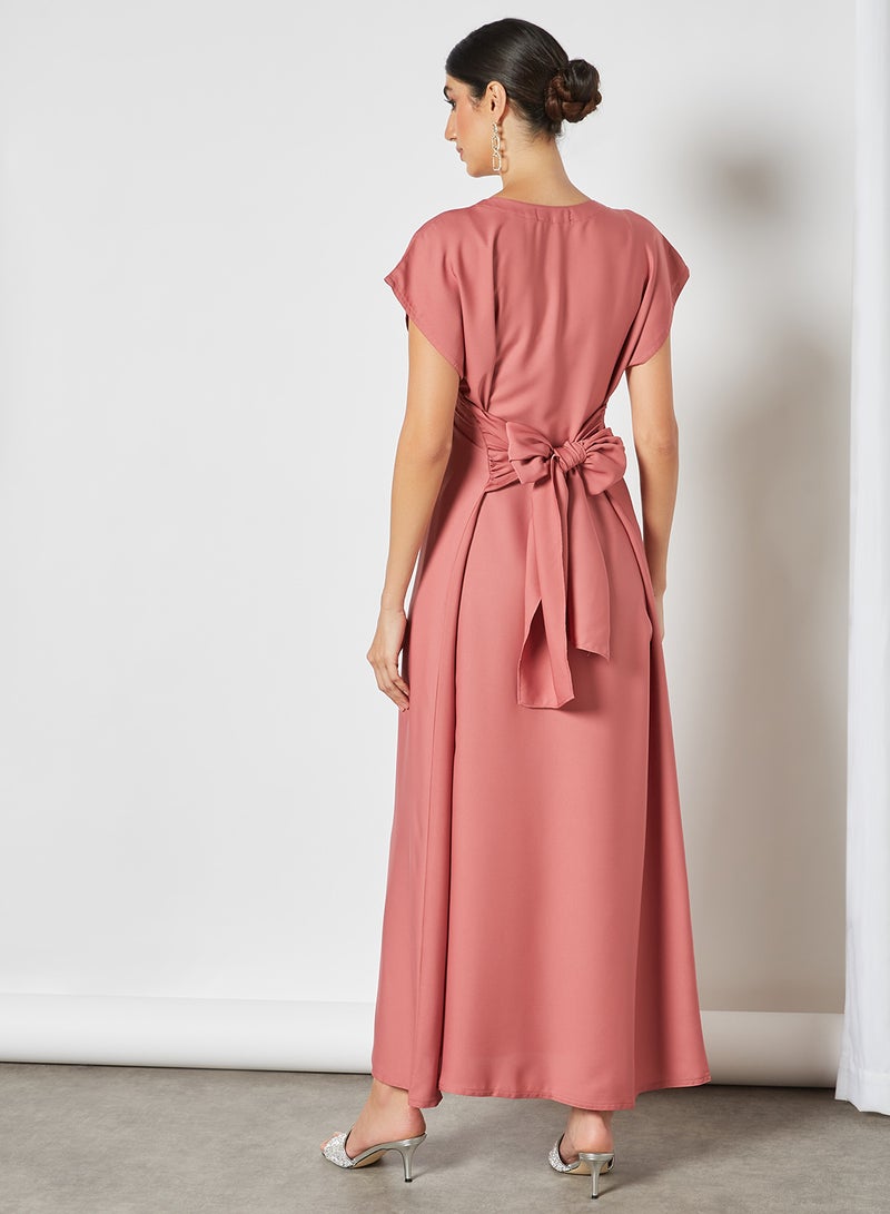 NUKHBAA - Stylish Scoop Neck Short Sleeve Maxi Dress Pink - Image 1