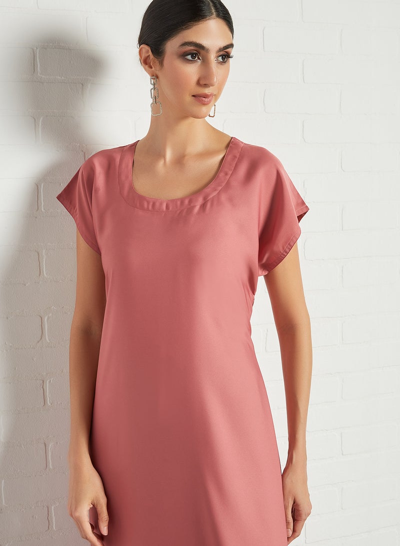 NUKHBAA - Stylish Scoop Neck Short Sleeve Maxi Dress Pink - Image 1