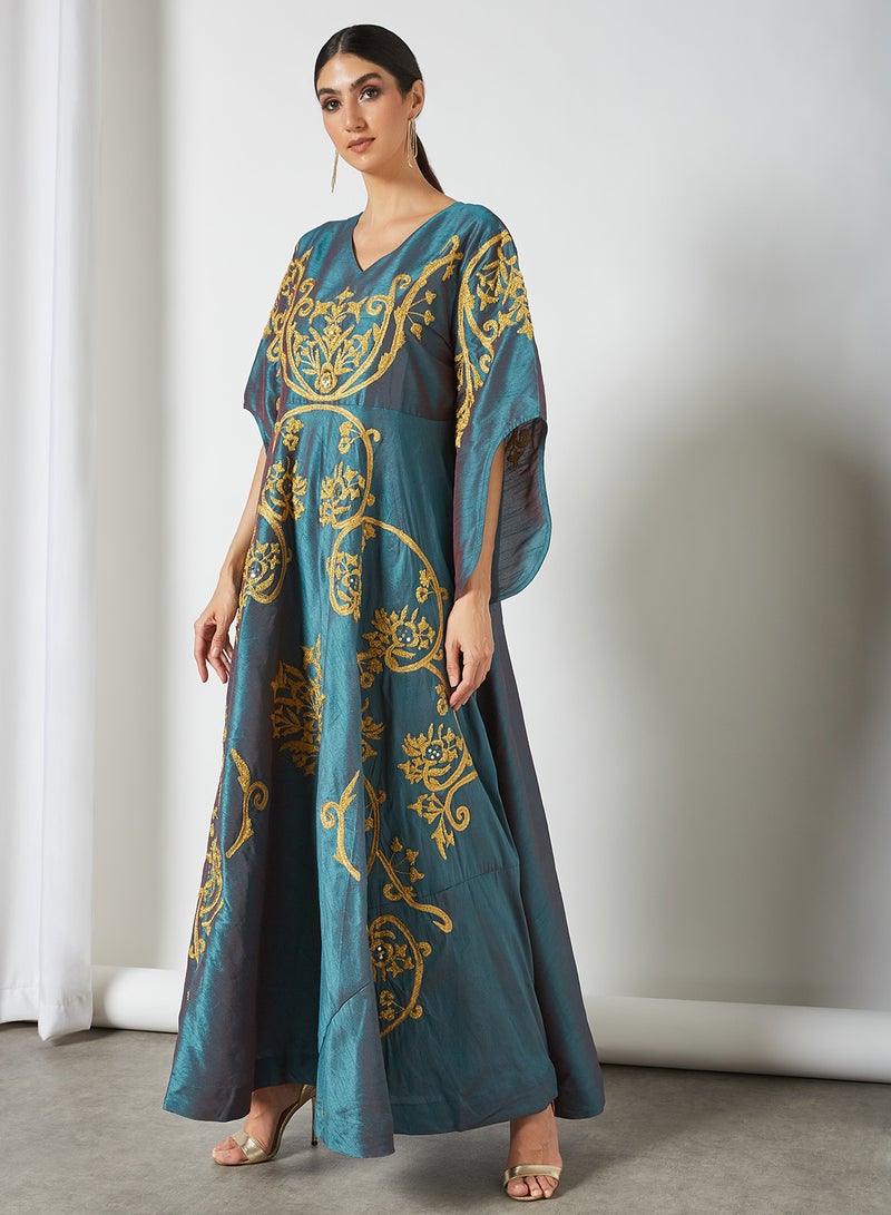 سارة أرابيا جلابية سارة مطرزة بنمط دمشقي أخضر كايتوك/ ذهبي  - Image 1