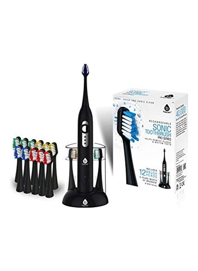 Pursonic Rechargeable Sonic Toothbrush With 12 Brush Heads Black
