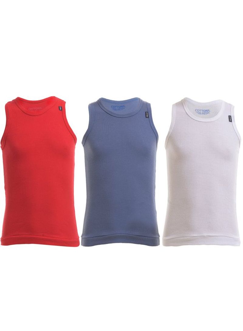 COTTONIL 3-Piece Cotton Sleeveless Derby Undershirts Set White/Blue/Red  - Image 1