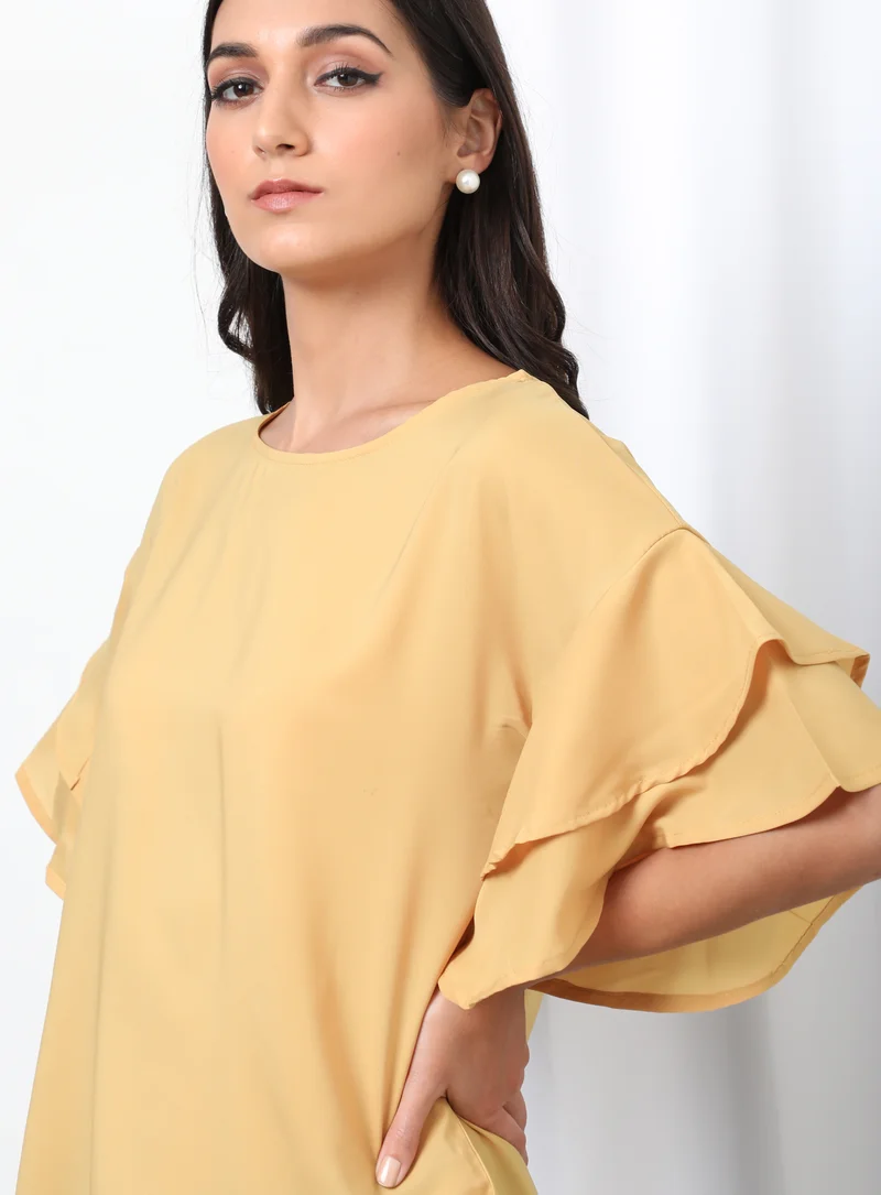 Aila Round Neck Frill Sleeve Plain Blouse Top Yellow